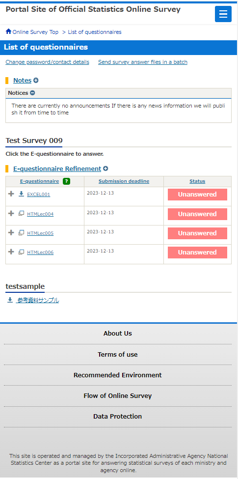 List of questionnaires screen