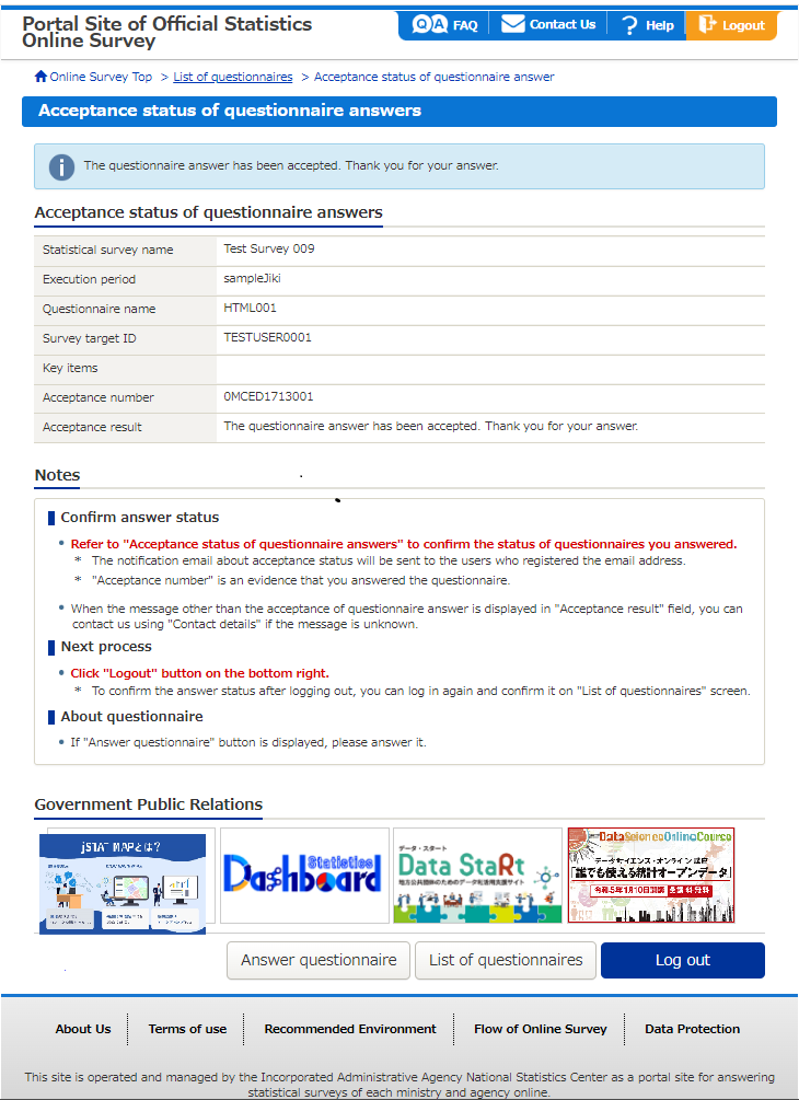 Acceptance status of questionnaire answers screen