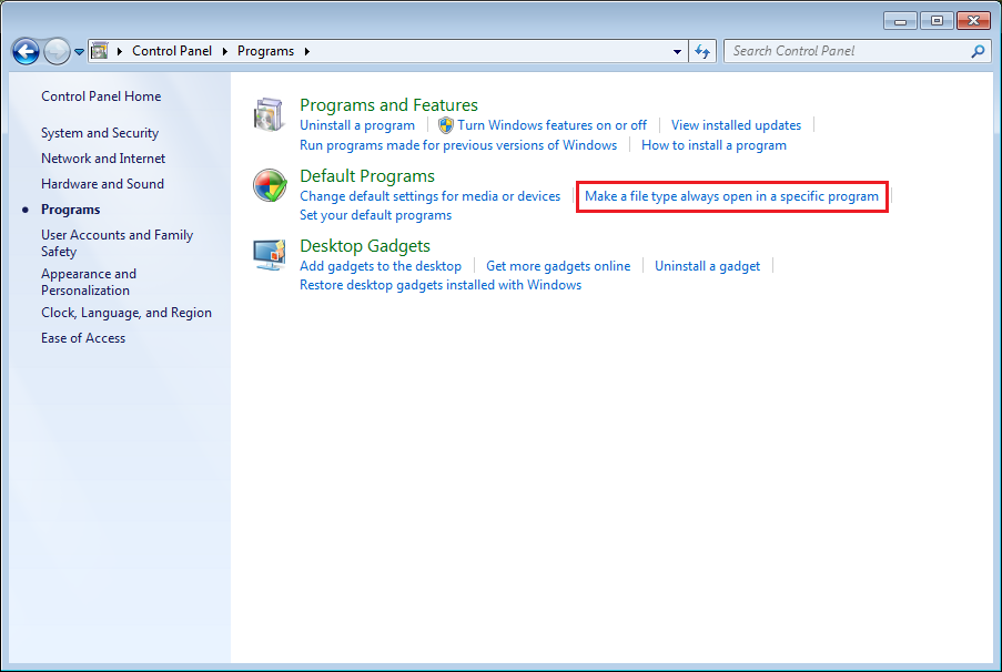 Click "Associate a file type or protocol with a program" on the window displayed.