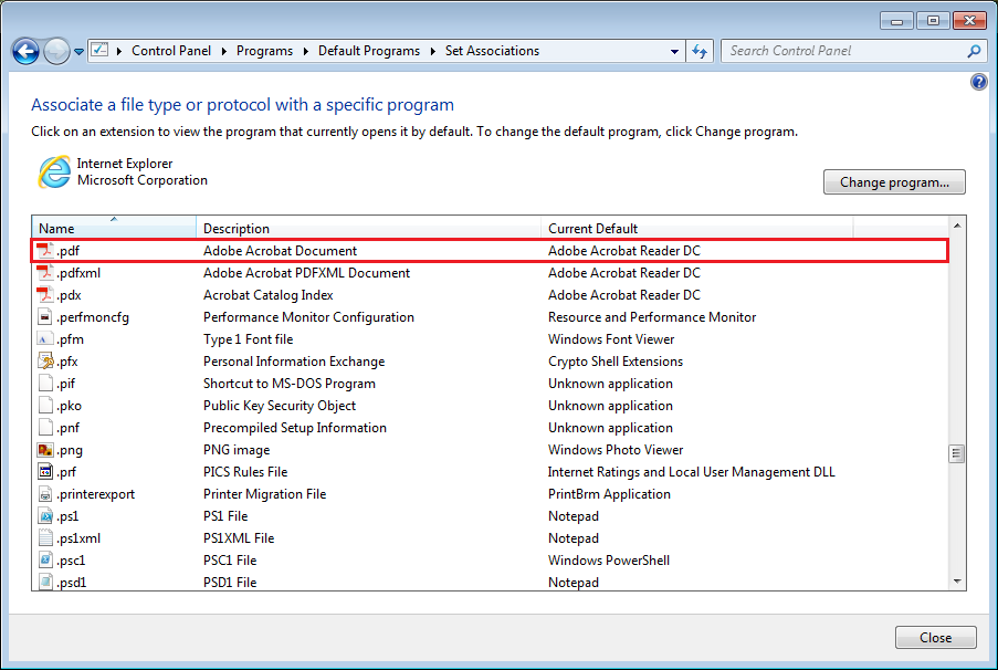 Confirm that the Current Default of ".pdf" is Adobe Reader.