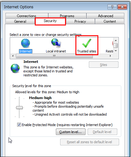Select "Security" tab from "Internet Options", then select "Trusted Sites."