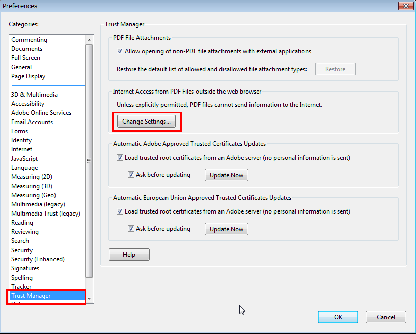Click "Change Settings" in "Internet Access form PDF Files outside the web browser" displayed on the right side.
